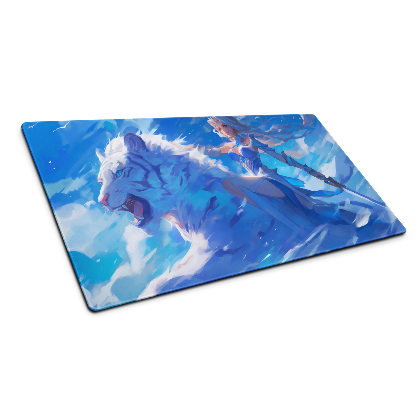 Lunar Huntress: White Tiger Anime Girl Blue Gaming Mouse Pad