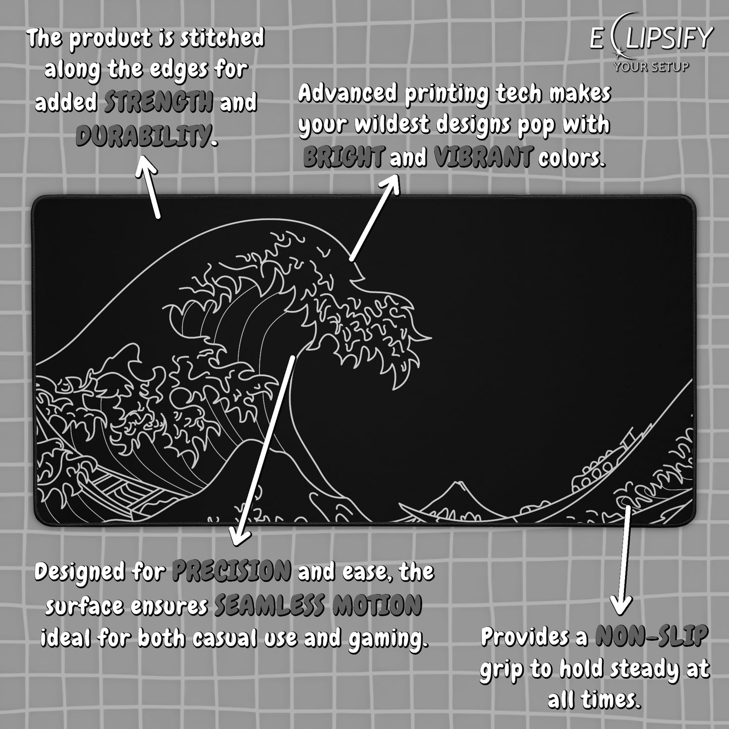 The Great Wave Off Kanagawa Black Minimalist Gaming Mouse Pad
