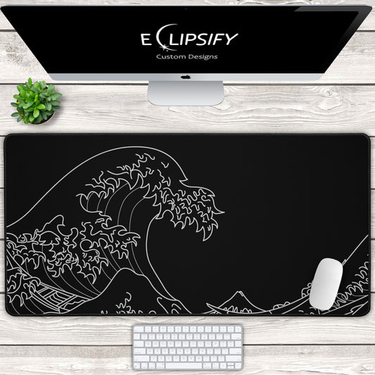 The Great Wave Off Kanagawa Black Minimalist Gaming Mouse Pad
