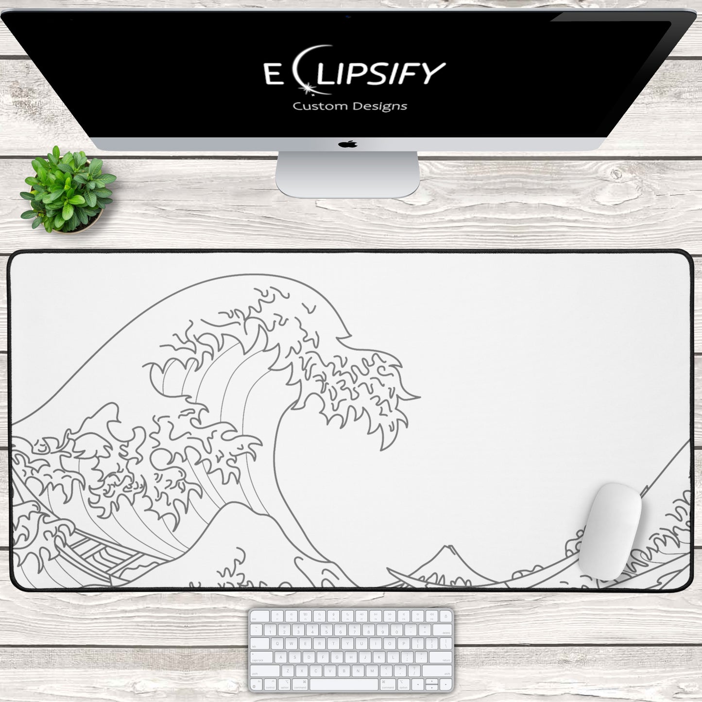 The Great Wave Off Kanagawa White Minimalist Gaming Mouse Pad