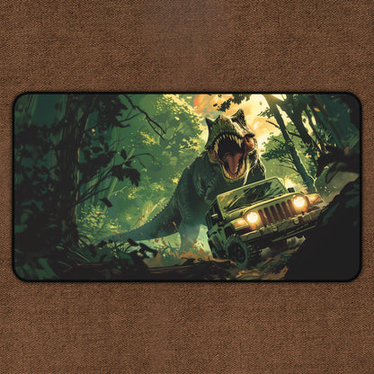 Prehistoric Chase: Dinosaur Chasing Jeep TCG Playmat
