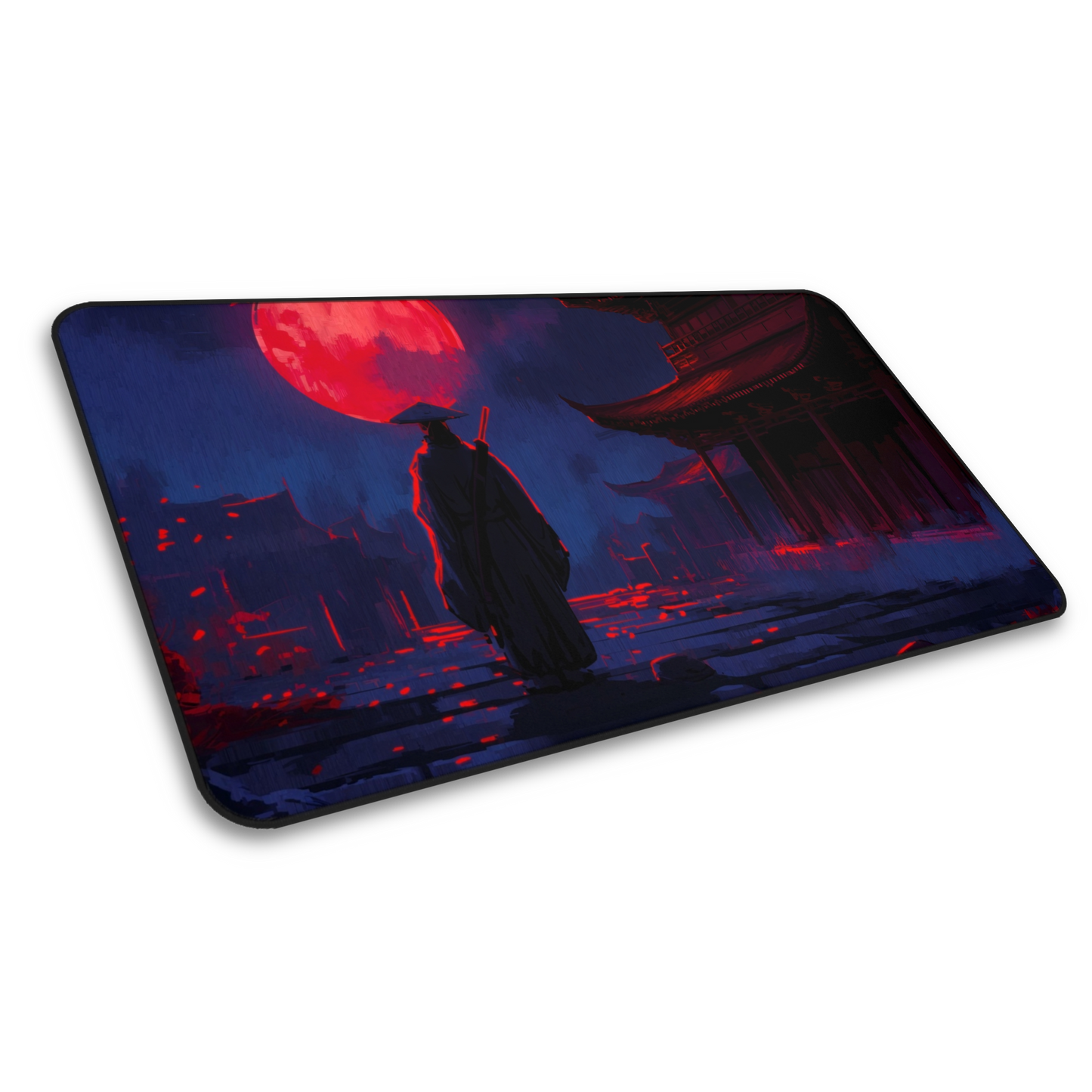 Samurai Moon: Blue Samurai And Red Moon Gaming Mouse Pad