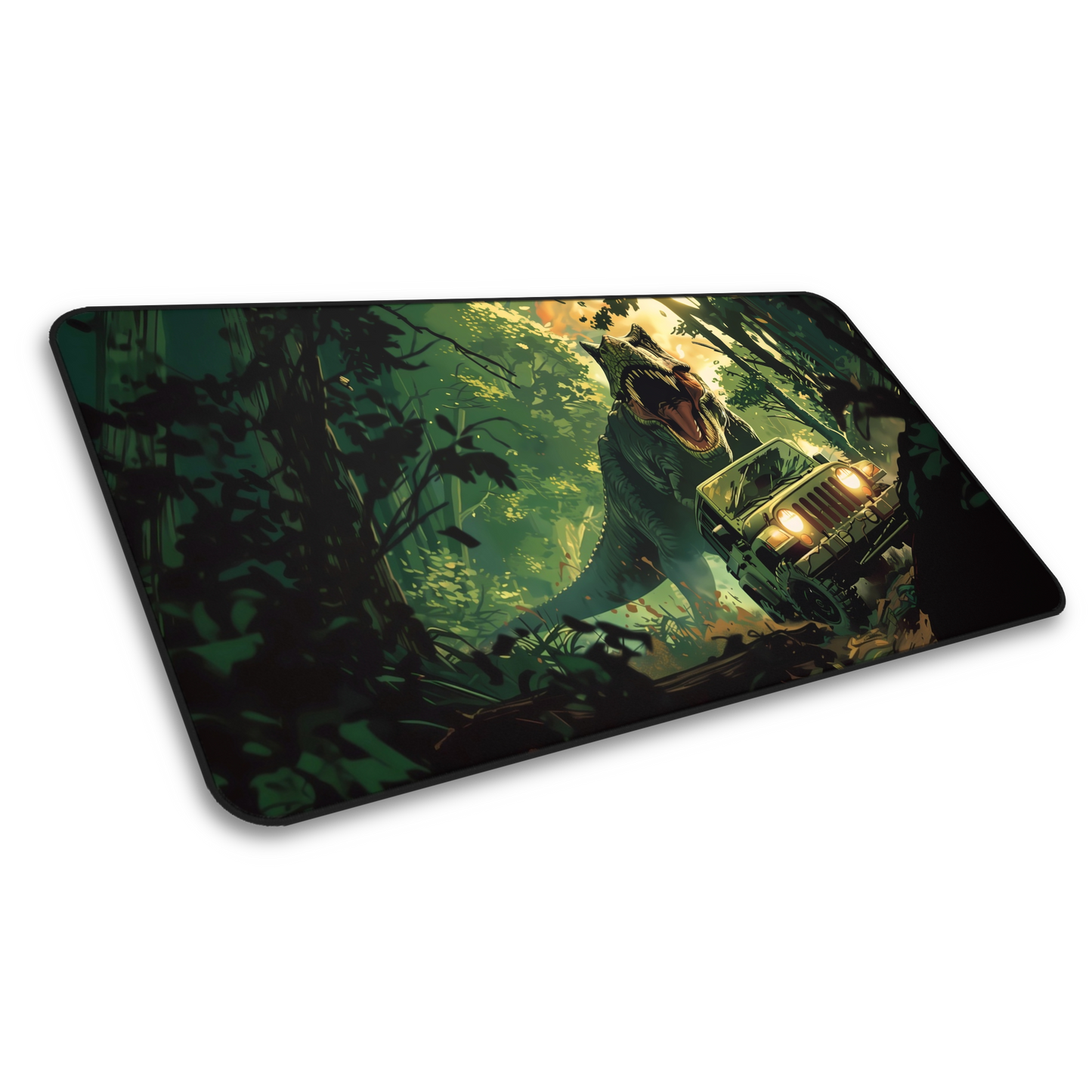 Prehistoric Pursuit: Jurassic Dinosaur Chasing Jeep Green Gaming Mouse Pad