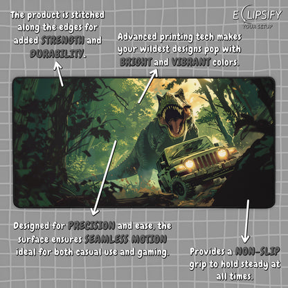 Prehistoric Pursuit: Jurassic Dinosaur Chasing Jeep Green Gaming Mouse Pad