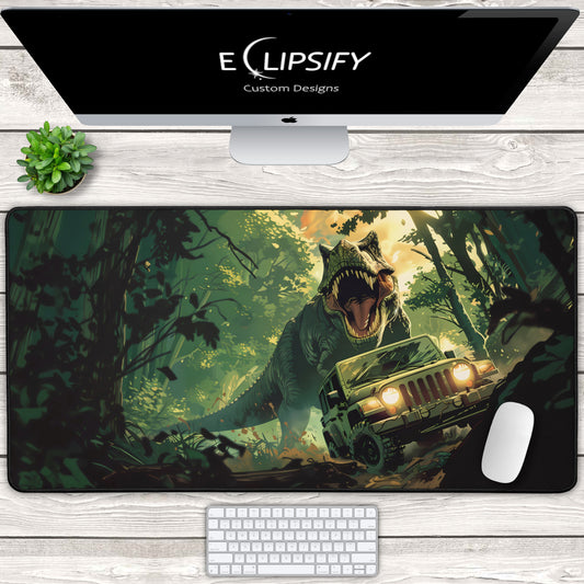 Prehistoric Pursuit: Jurassic Dinosaur Chasing Jeep Green Gaming Mouse Pad