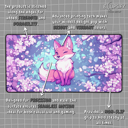 Bloom Fox: Kawaii Fox Cherry Blossom Gaming Mouse Pad