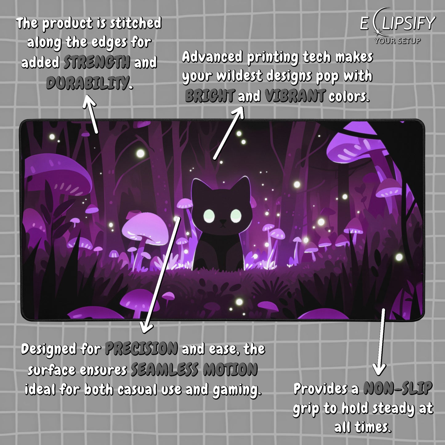 Mushroom Core: Kawaii Cat Purple Gaming Mouse Pad