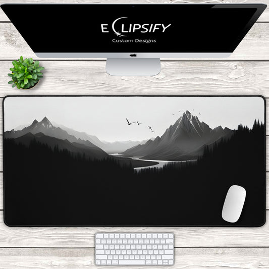 Monochrome Heights: Black Mountain Landscape Minimalist Mouse Pad
