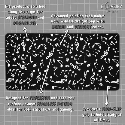 Harmony Lines: Music Notes Black Minimalist Pattern Mouse Pad