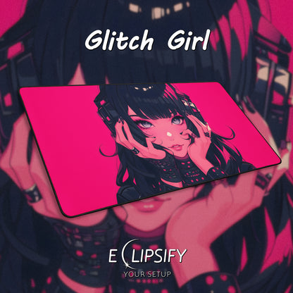 Glitch Girl: Pink Cyberpunk Anime Girl Gaming Mouse Pad