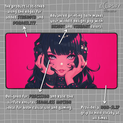 Glitch Girl: Pink Cyberpunk Anime Girl Gaming Mouse Pad
