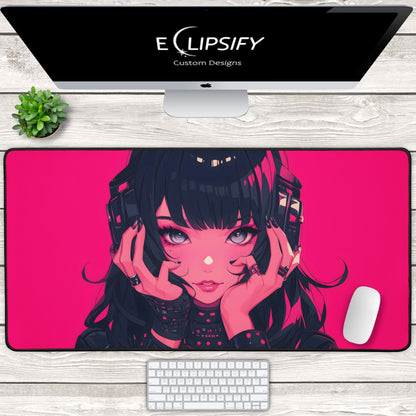 Glitch Girl: Pink Cyberpunk Anime Girl Gaming Mouse Pad