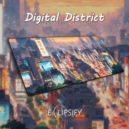 Digital District: Pixel Art Cyberpunk City Gaming Mouse Pad