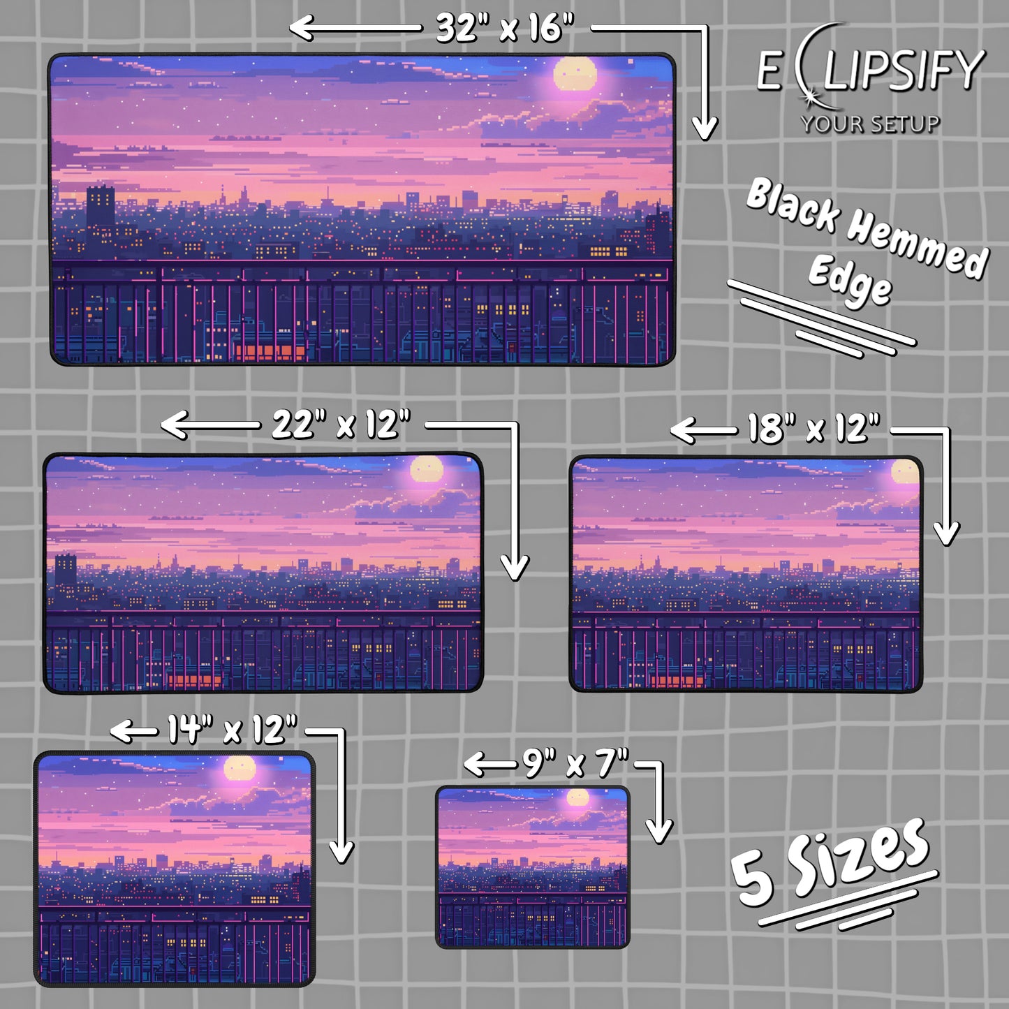 Violet Skies: Pixel Art City Gaming Mouse Pad