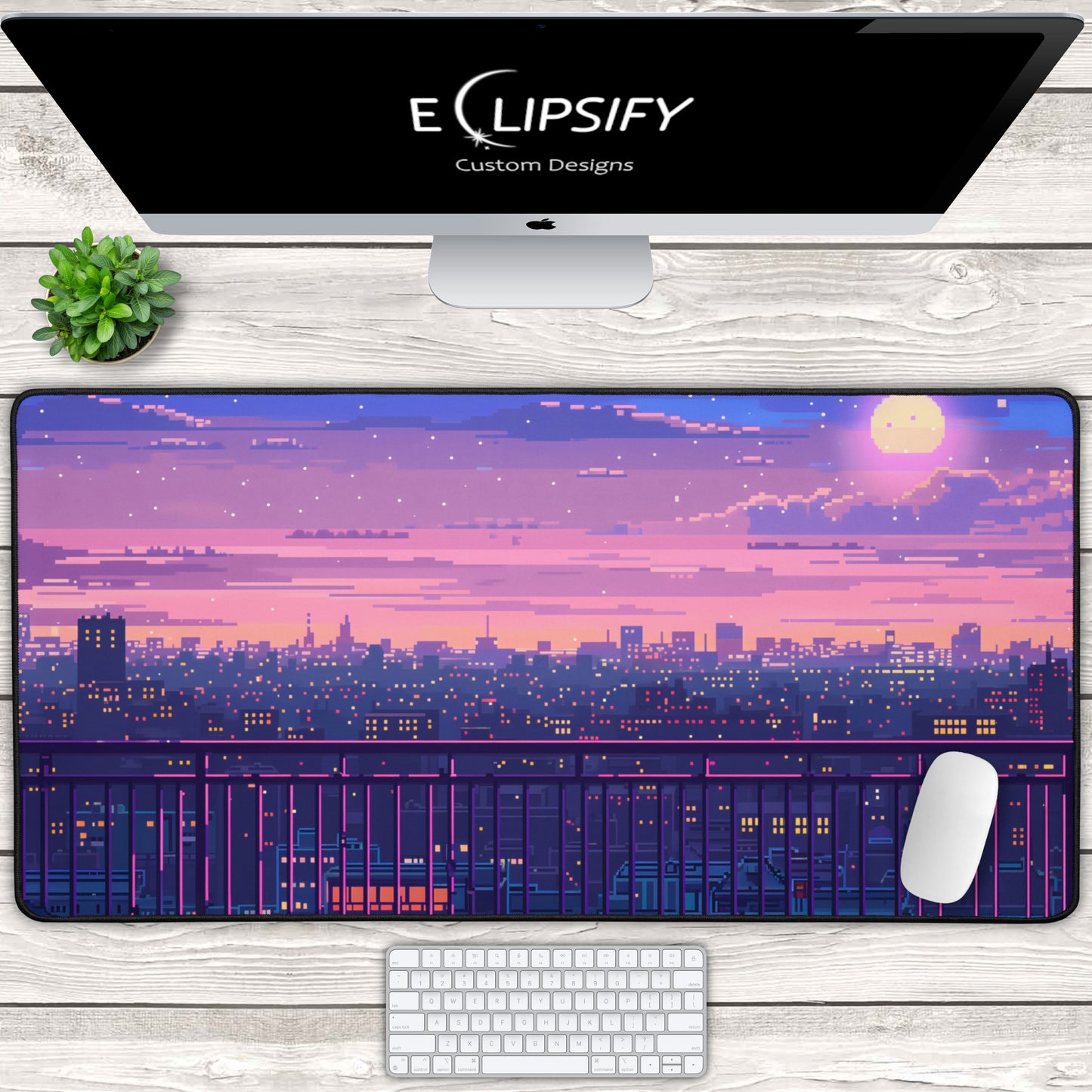 Violet Skies: Pixel Art City Gaming Mouse Pad