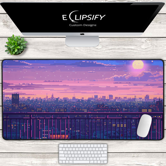 Violet Skies: Pixel Art City Gaming Mouse Pad