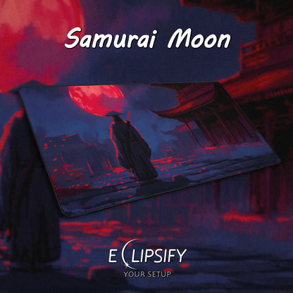 Samurai Moon: Blue Samurai And Red Moon Gaming Mouse Pad