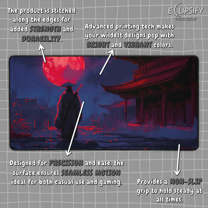 Samurai Moon: Blue Samurai And Red Moon Gaming Mouse Pad