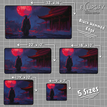 Samurai Moon: Blue Samurai And Red Moon Gaming Mouse Pad
