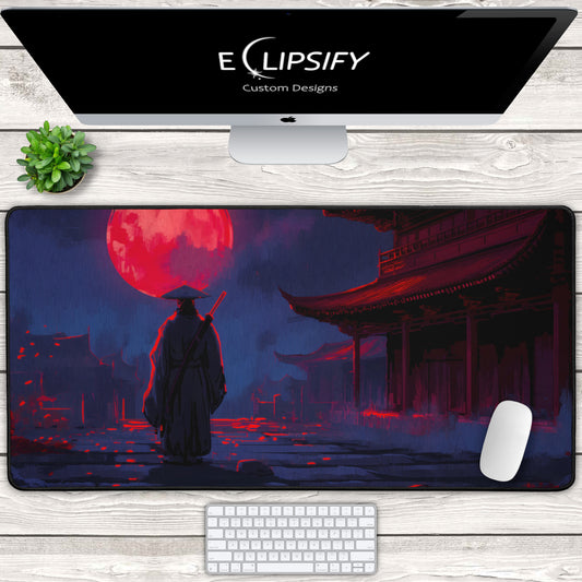 Samurai Moon: Blue Samurai And Red Moon Gaming Mouse Pad