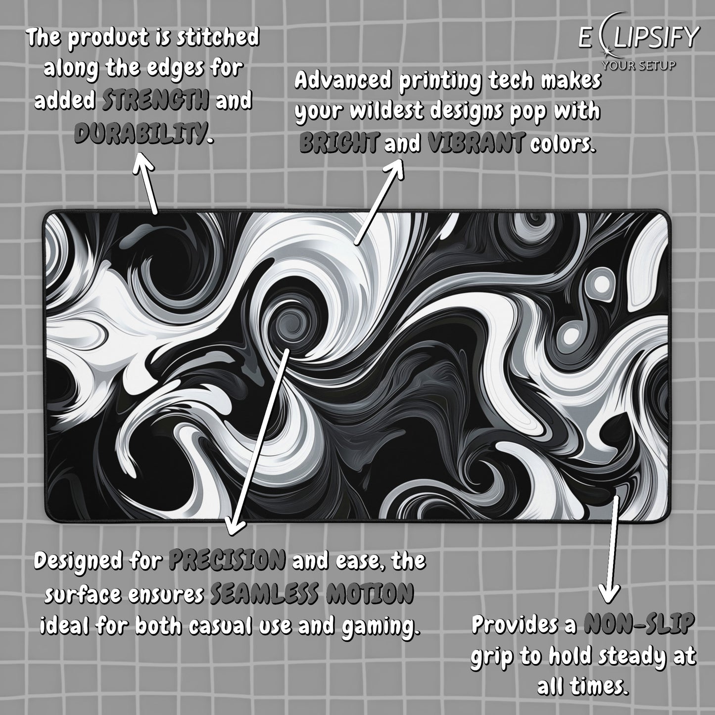 Monochrome Marble: Black and White Swirl Gaming Mouse Pad