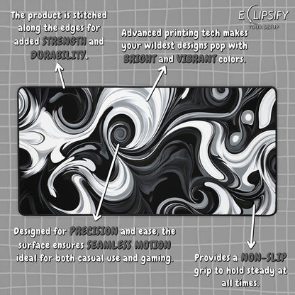 Monochrome Marble: Black and White Swirl Gaming Mouse Pad