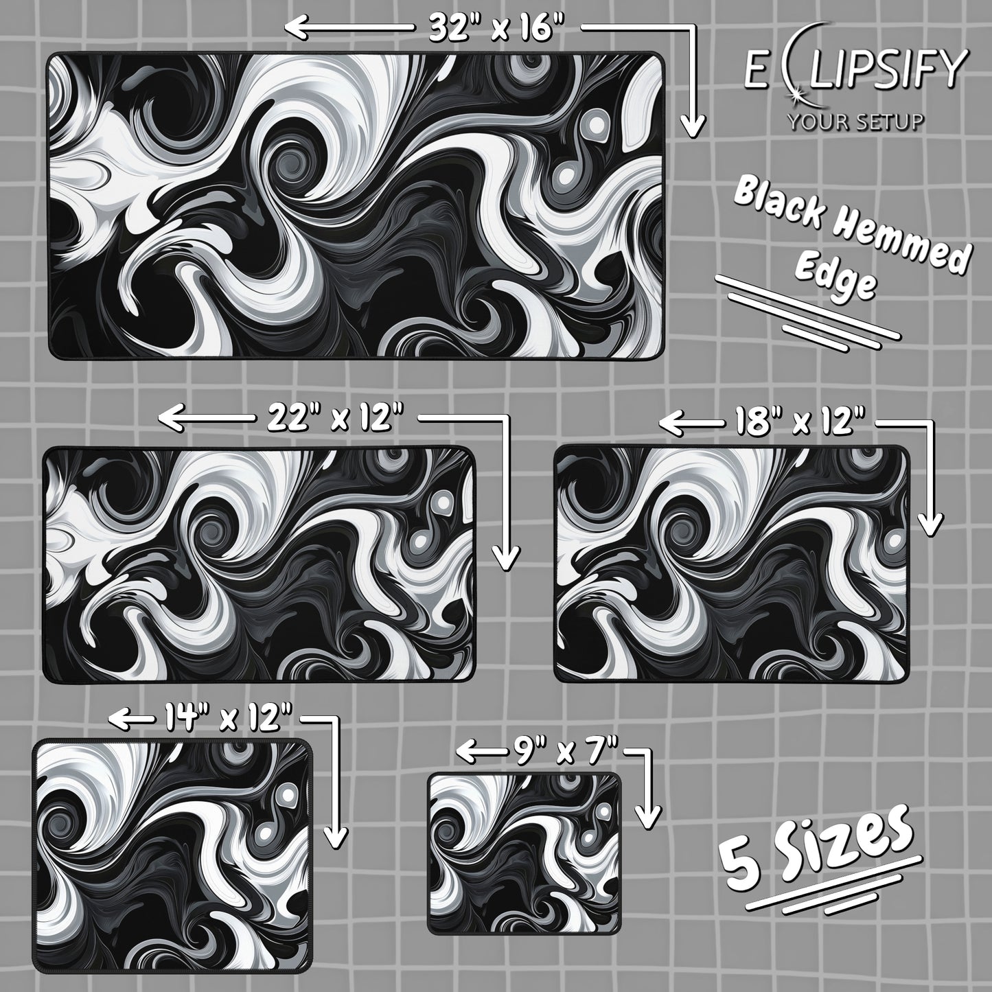 Monochrome Marble: Black and White Swirl Gaming Mouse Pad