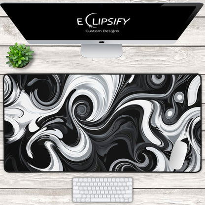 Monochrome Marble: Black and White Swirl Gaming Mouse Pad