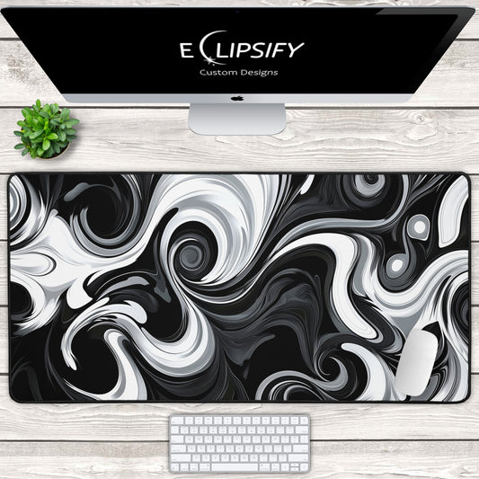 Monochrome Marble: Black and White Swirl Gaming Mouse Pad