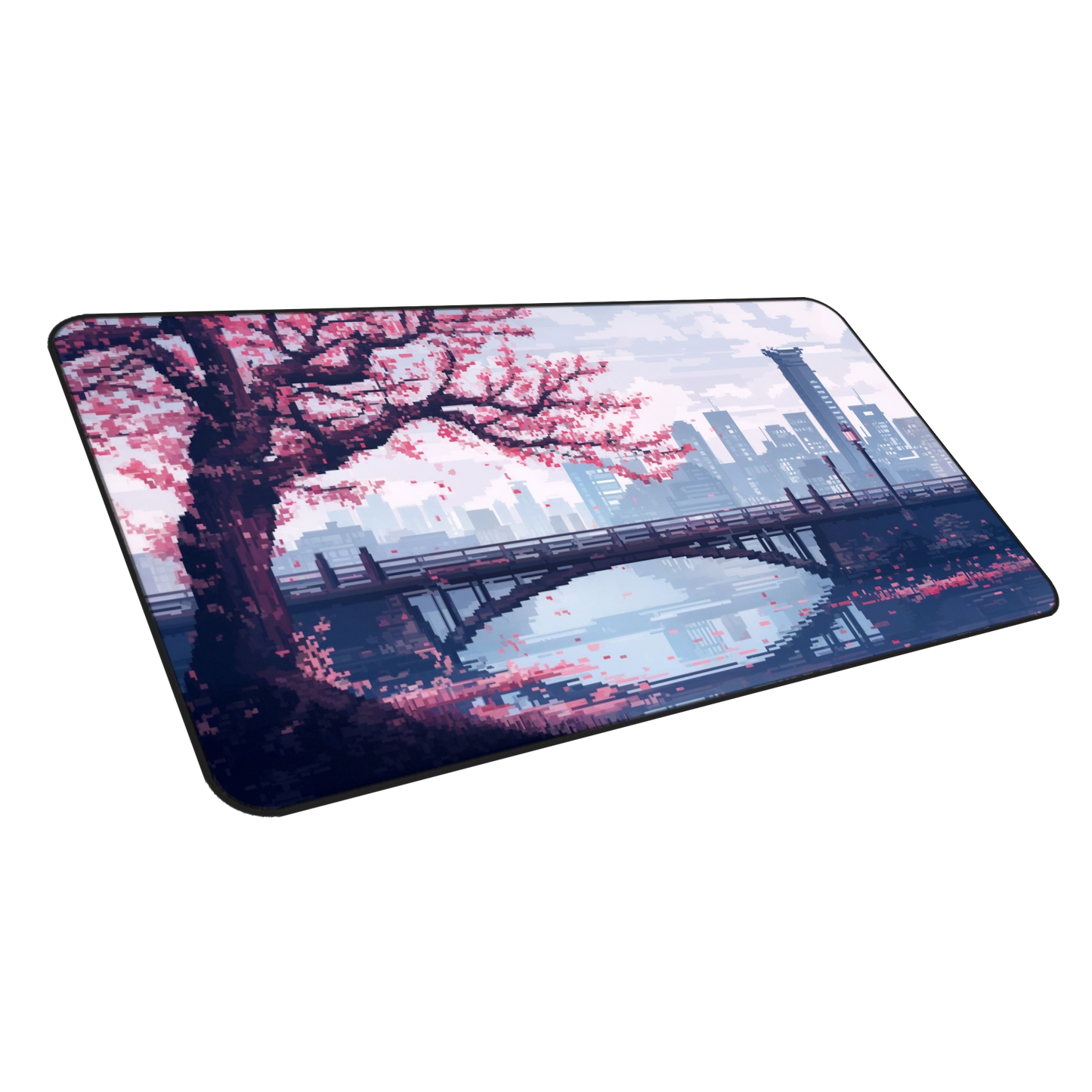 Cherry Blossom Grid: Pixel Art City Mouse Pad