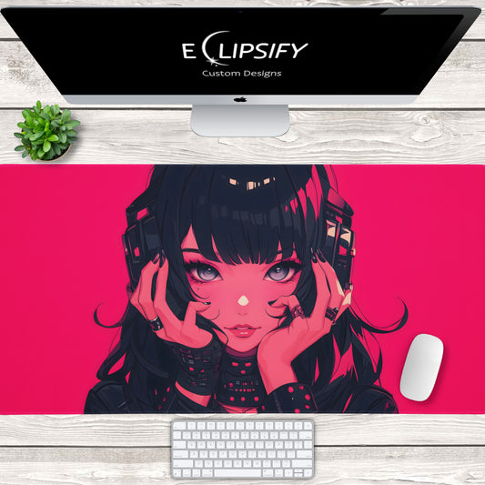 Glitch Girl: Pink Cyberpunk Anime Girl Gaming Mouse Pad