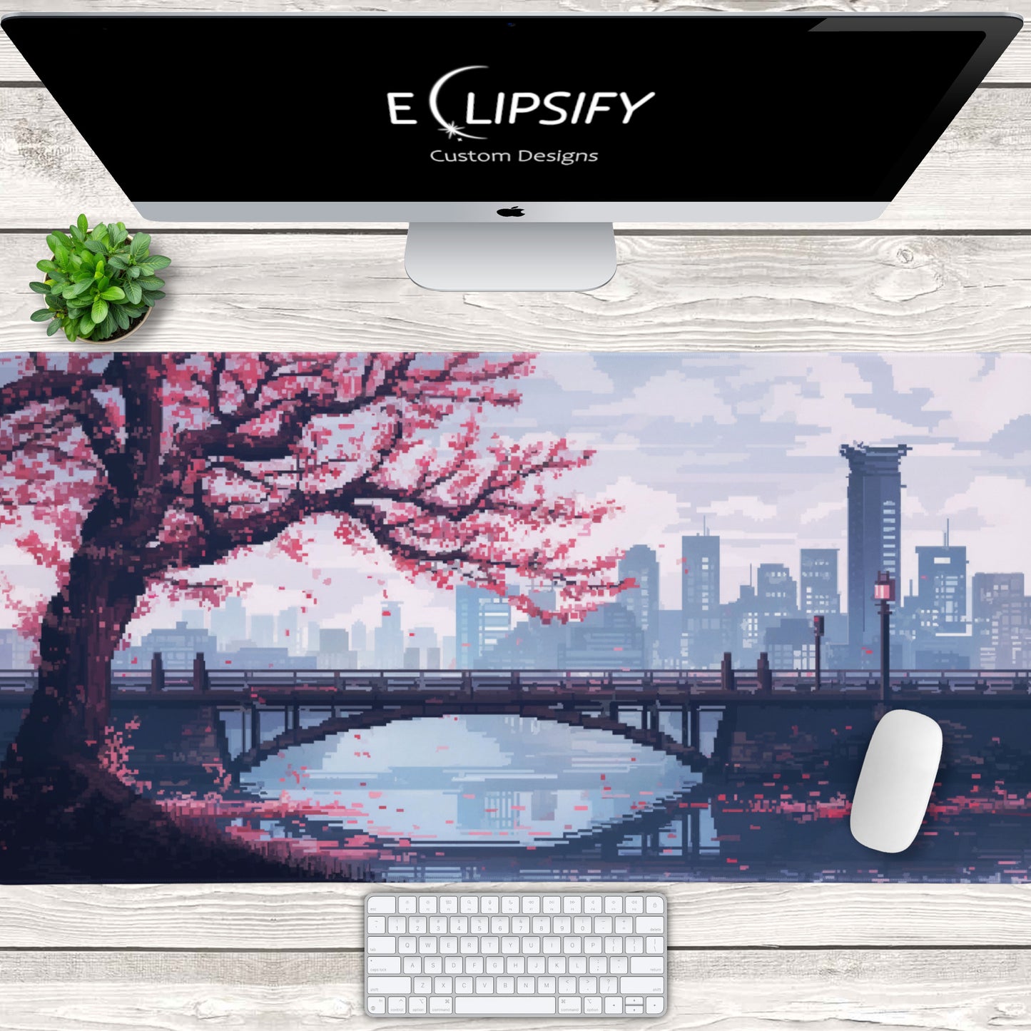 Cherry Blossom Grid: Pixel Art City Mouse Pad