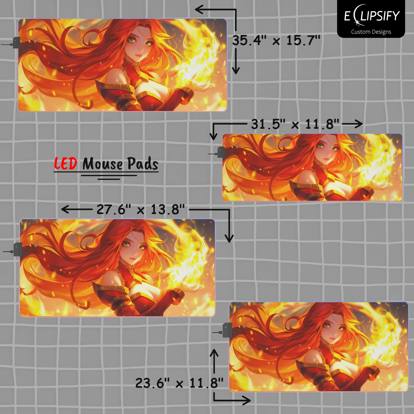 Fiery Elegance: Fire Anime Mage Girl Gaming Mouse Pad