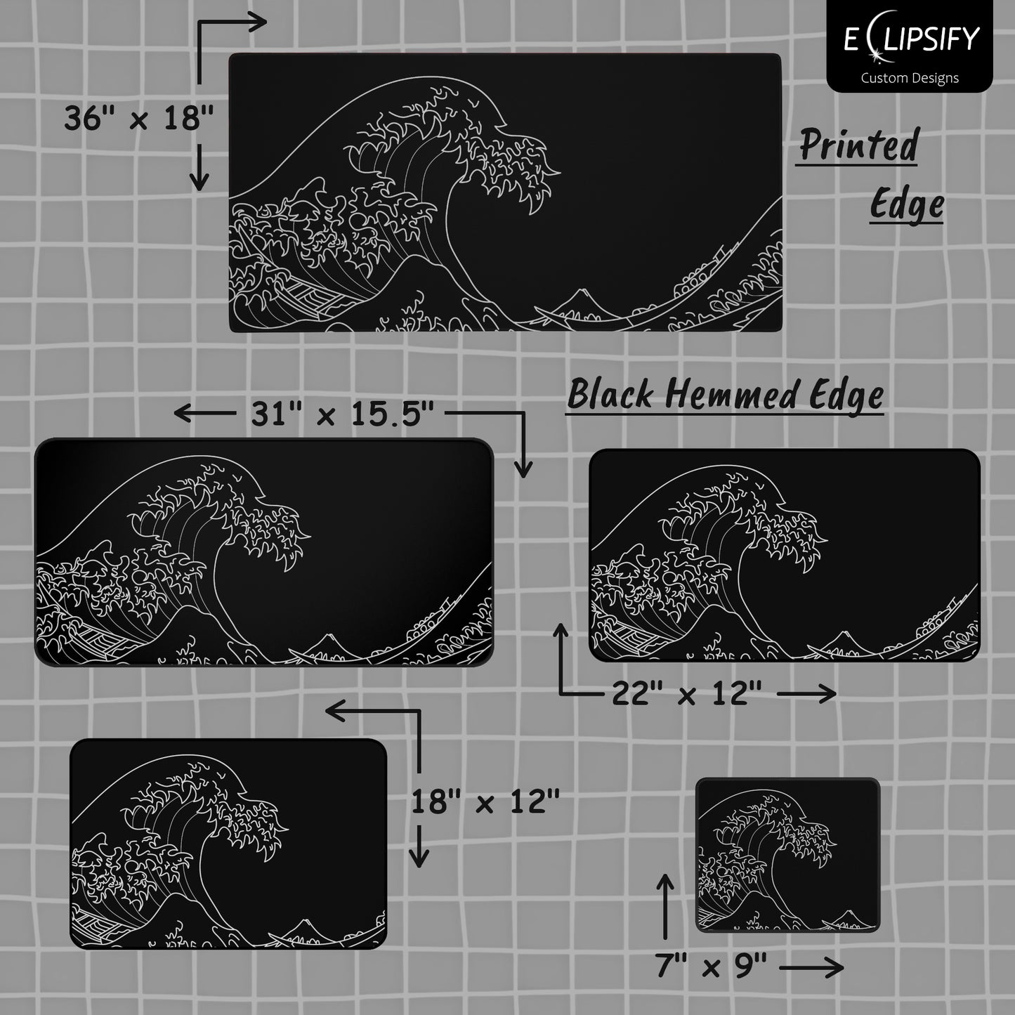 The Great Wave Off Kanagawa Black Minimalist Gaming Mouse Pad