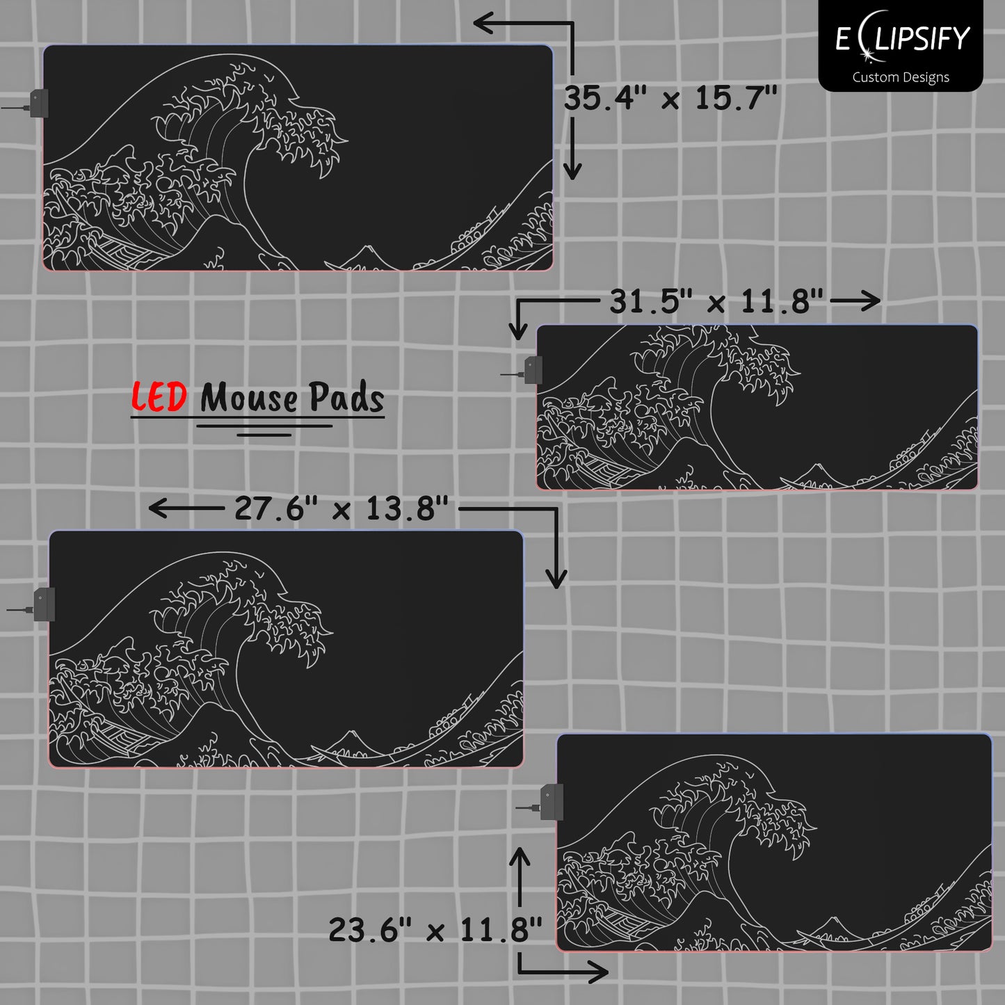 The Great Wave Off Kanagawa Black Minimalist Gaming Mouse Pad