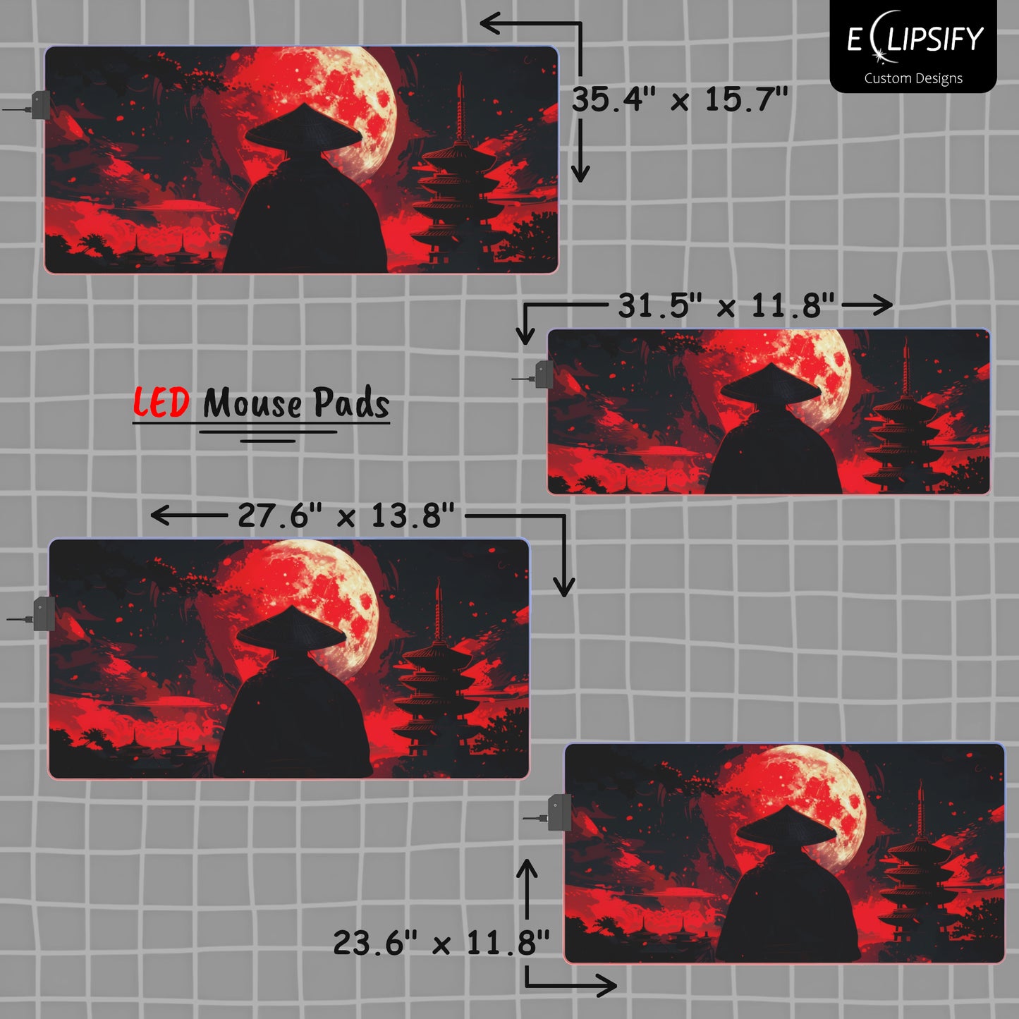 Crimson Moon: Japanese Samurai Gaming Mouse Pad